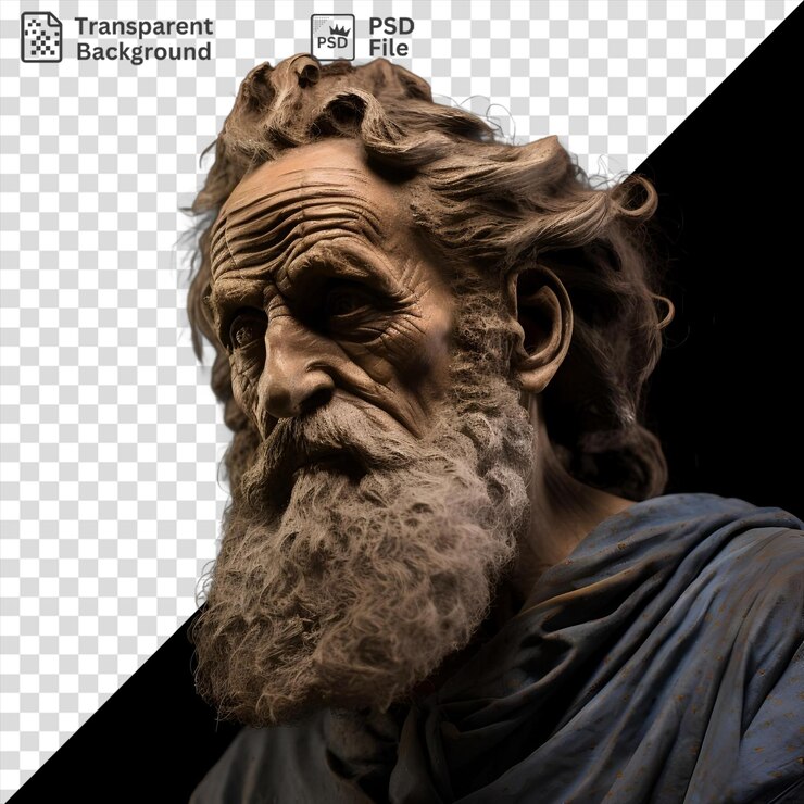 PSD estatua impresionante de un hombre barbudo con cabello largo y una barba gris con una nariz grande ojo marrón y oreja grande