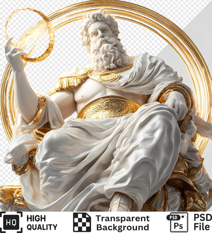 PSD estatua de mármol de un dios con acentos dorados y un halo de luz aislado en un fondo transparente