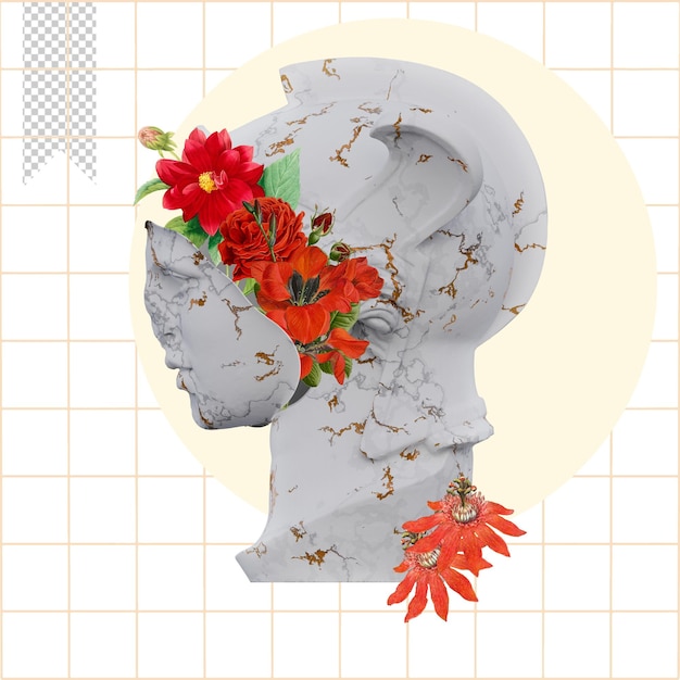 PSD estatuas de atenea parthenos 3d hacen collage con composiciones de pétalos de flores para su trabajo