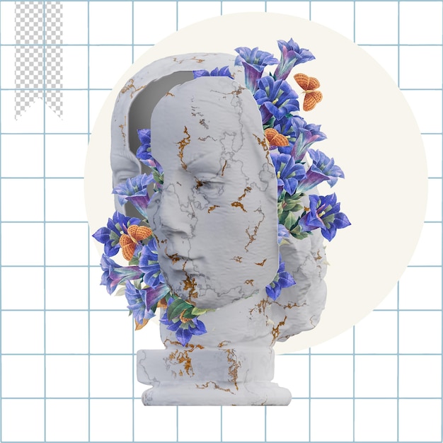 PSD las estatuas de cabezas femeninas 3d hacen collage con composiciones de pétalos de flores para su trabajo