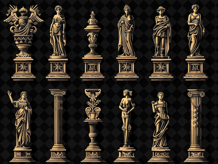 PSD estatuas del jardín real 8 bit pixel con tallas detalladas y png colección de diseño único y2k
