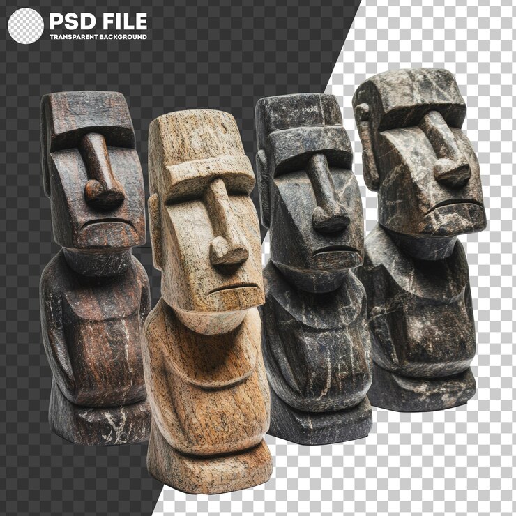 PSD las estatuas de moai de madera de png expuestas en una fila