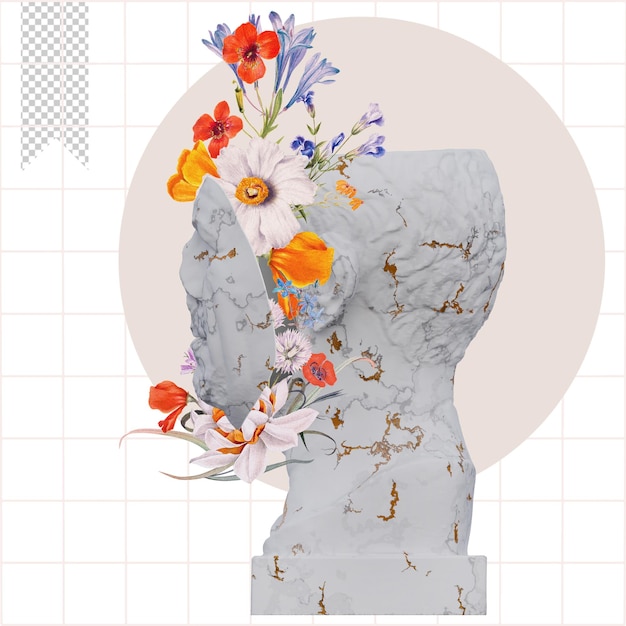 Estátuas Tivoli romanas 3d render colagem com composições de pétalas de flores para o seu trabalho