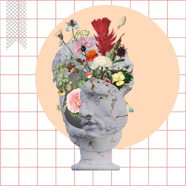 PSD estatuas del vaticano apoxyomenos 3d hacen collage con composiciones de pétalos de flores para su trabajo