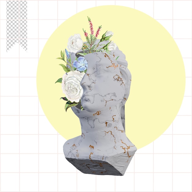 PSD estatuas de vírgenes imprudentes 3d hacen collage con pétalos de flores composiciones para su trabajo