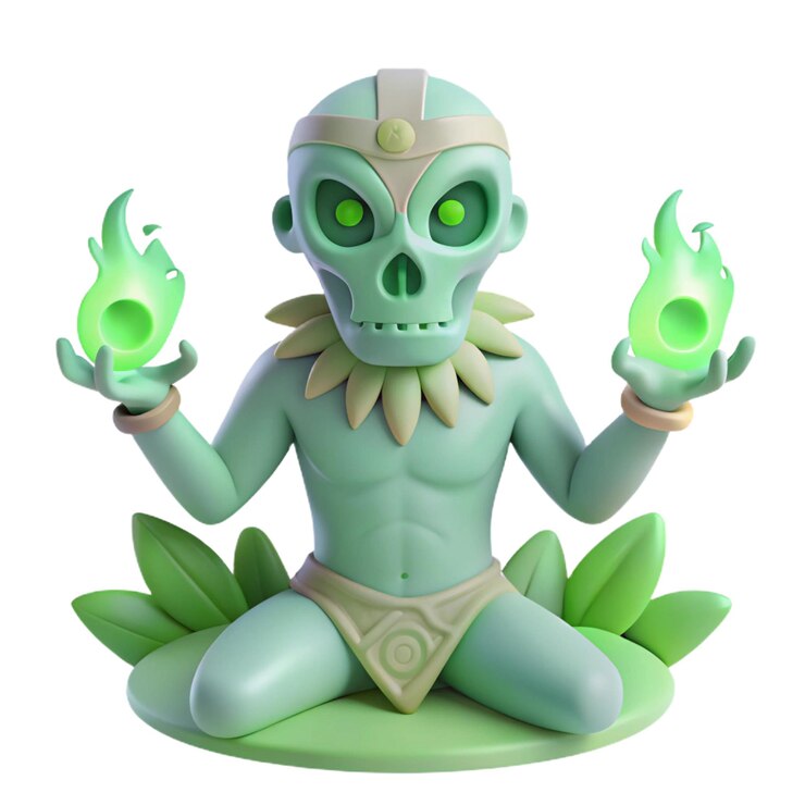 PSD una estatuilla de un alienígena verde con ojos verdes se sienta en una superficie verde