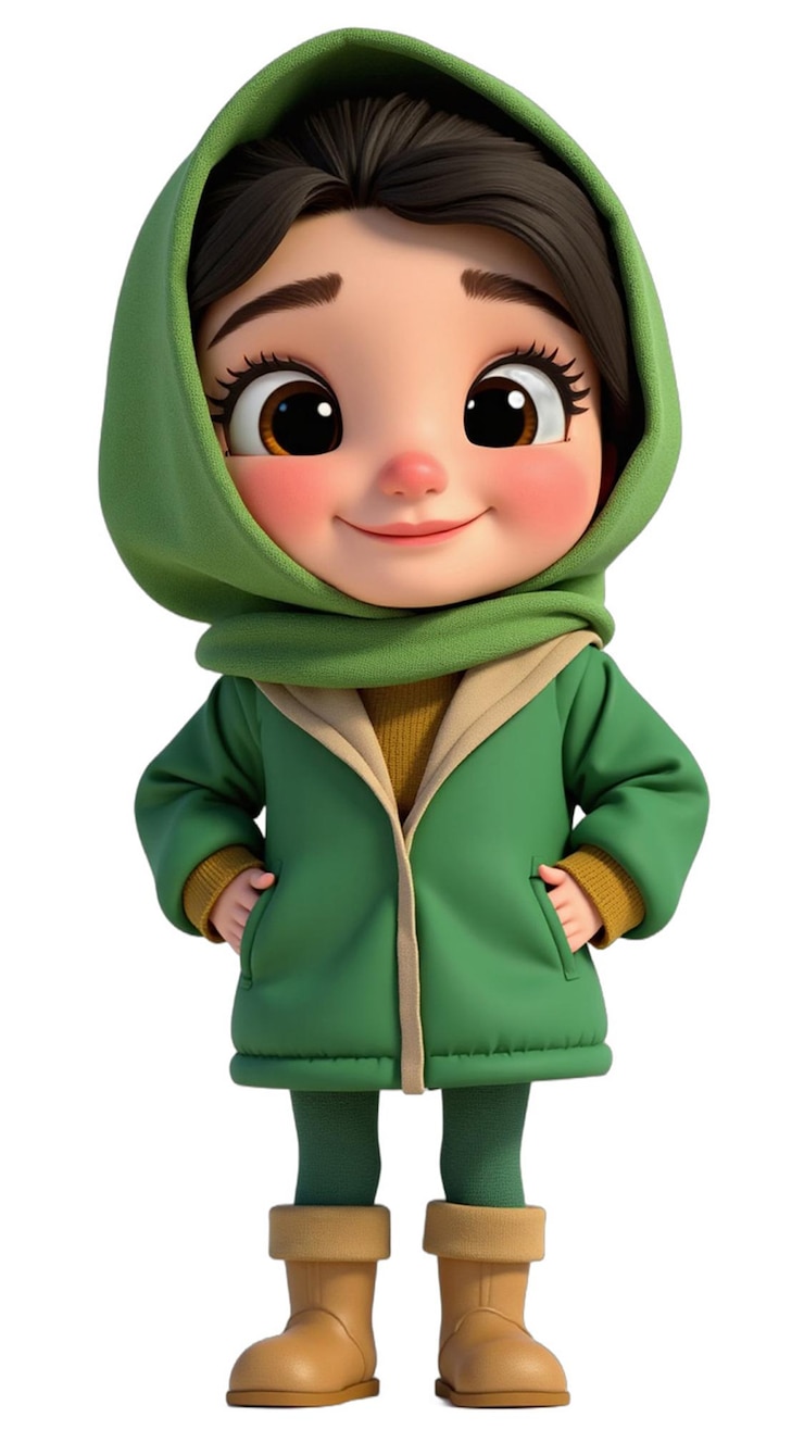 PSD una estatuilla de una chica con una sudadera verde con una cara y sus manos en las caderas