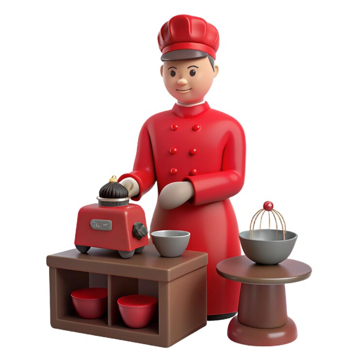 PSD una estatuilla de un cocinero con un uniforme rojo y un delantal rojo que dice "cocinero"