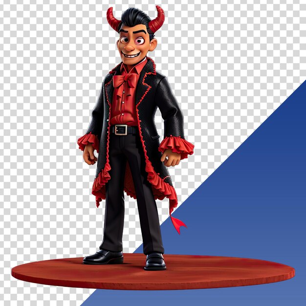 PSD una estatuilla de un diablo con una capa roja y pantalones negros