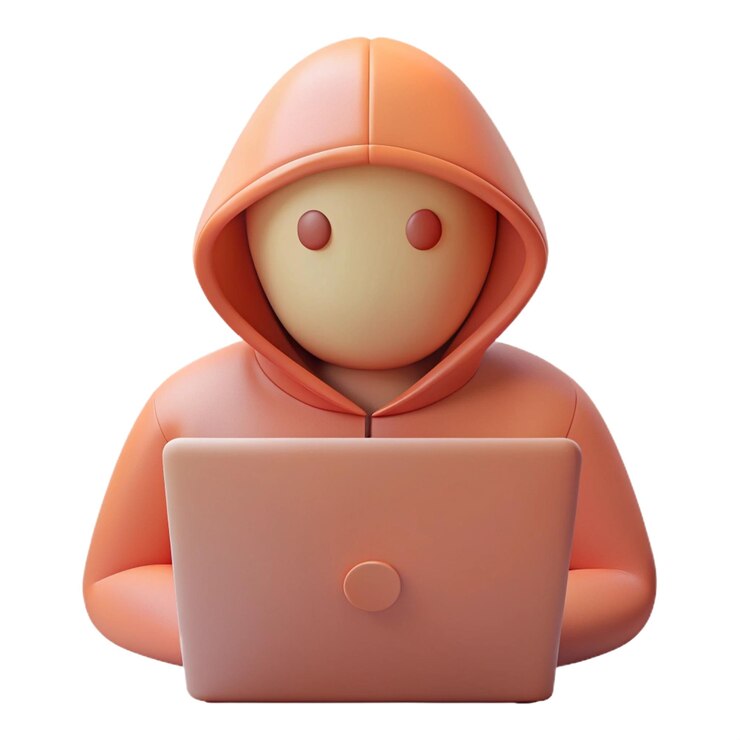 PSD una estatuilla de un hombre con una capucha con una computadora portátil en ella