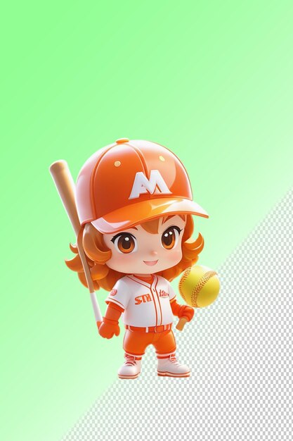 Una estatuilla de una jugadora de béisbol que lleva una gorra naranja con una letra m en ella