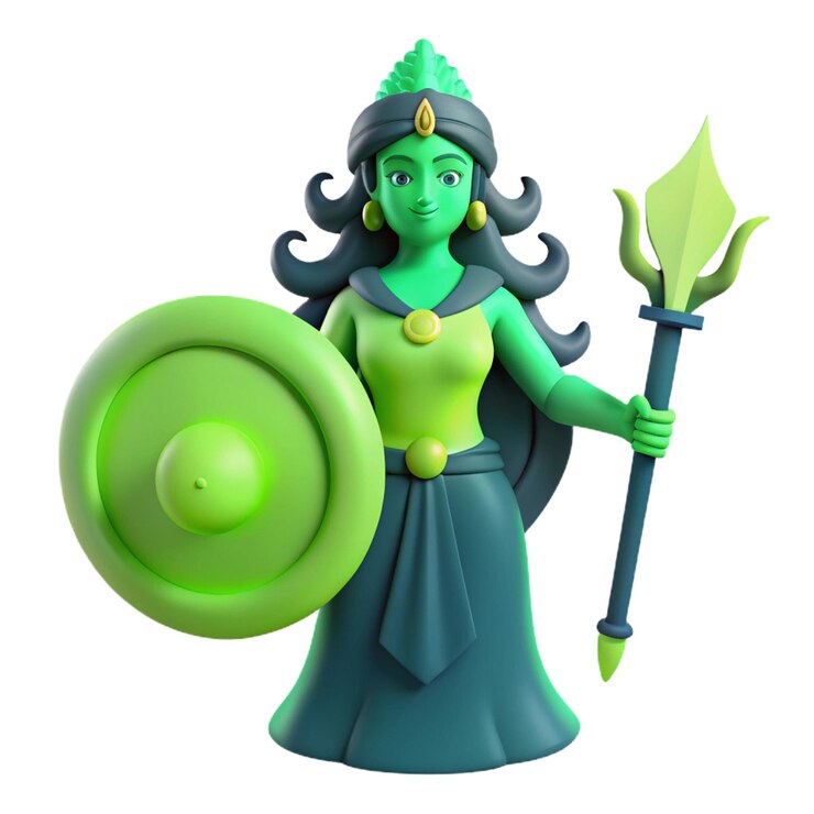 PSD una estatuilla de una mujer con un escudo verde y un escudo
