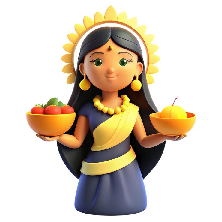 PSD una estatuilla de una mujer sosteniendo cuencos de frutas y verduras