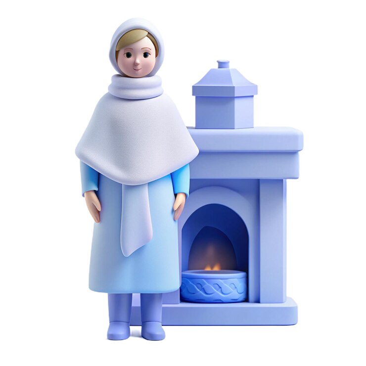 PSD una estatuilla de una mujer con una túnica azul de pie frente a una chimenea
