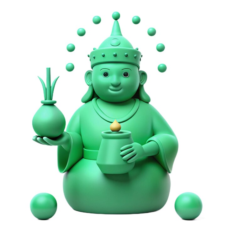 PSD una estatuilla verde de un dios con una taza y una botella de leche