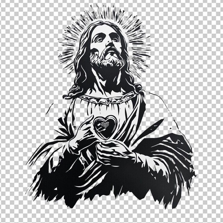 PSD estêncil preto e branco de jesus africano com coração em fundo transparente