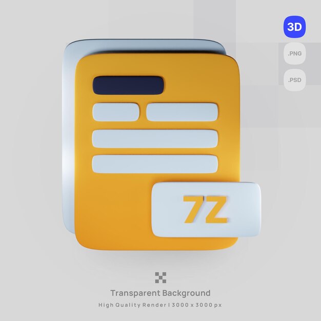 Estensione del file 7z del computer del documento dell'icona PSD 3D con rendering di sfondo trasparente