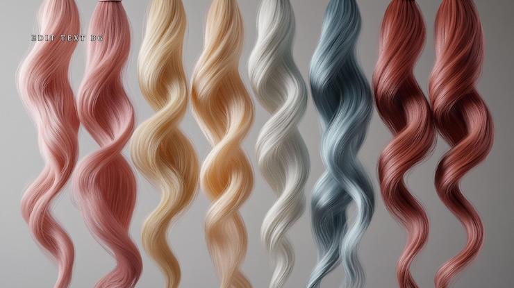 PSD estensioni di capelli ondulati colorati in varie sfumature pastello appesi su uno sfondo grigio