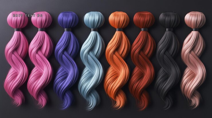 PSD estensioni di capelli ondulati colorati in varie sfumature su uno sfondo nero