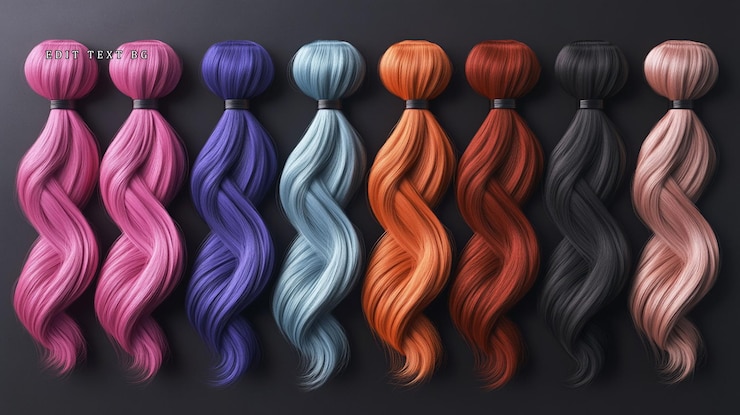 PSD estensioni di capelli ondulati colorati in varie sfumature su uno sfondo nero