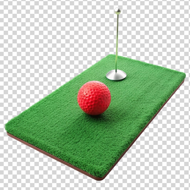 Estera de práctica de golf verde con pelota de golf roja aislada sobre un fondo transparente