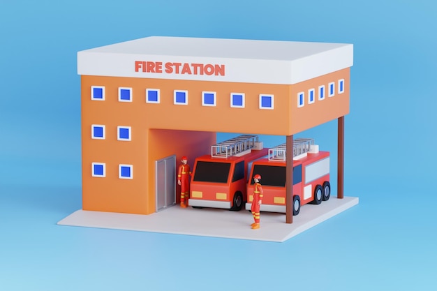 Esterno dell'edificio della caserma dei vigili del fuoco con camion dei vigili del fuoco di emergenza