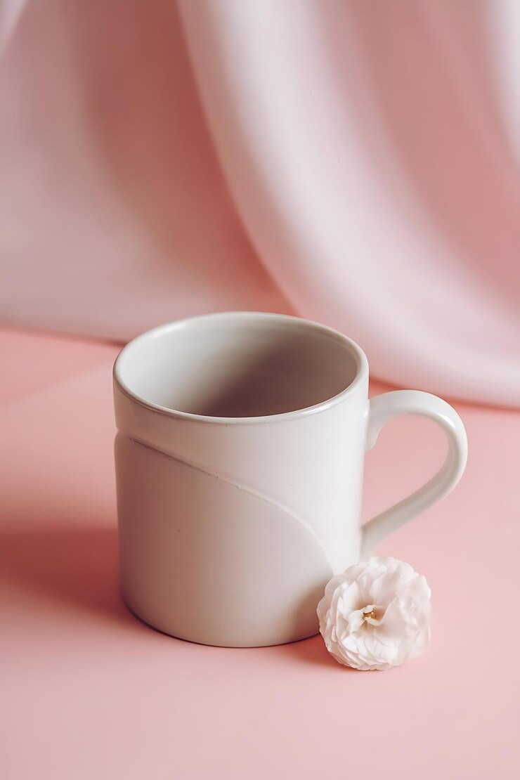 PSD estética taza blanca y una pequeña flor rosa en una maqueta de fondo rosa