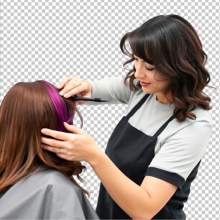 PSD una esteticista añadiendo cuidadosamente color al cabello de un cliente con un fondo blanco limpio