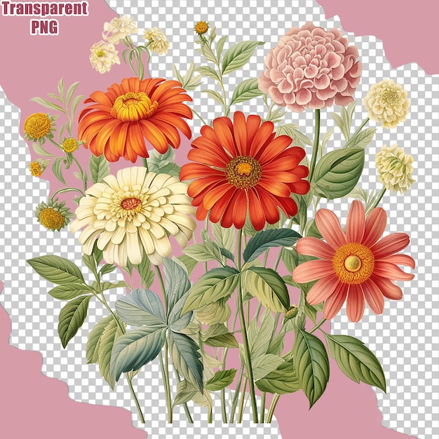 PSD estético ramo de flores coloridas con ilustraciones detalladas de pintura con fondo transparente