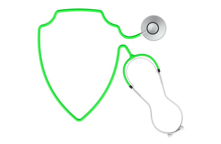 PSD estetoscópio com forma de escudo de cordão conceito de seguro de saúde renderização 3d isolado em fundo transparente