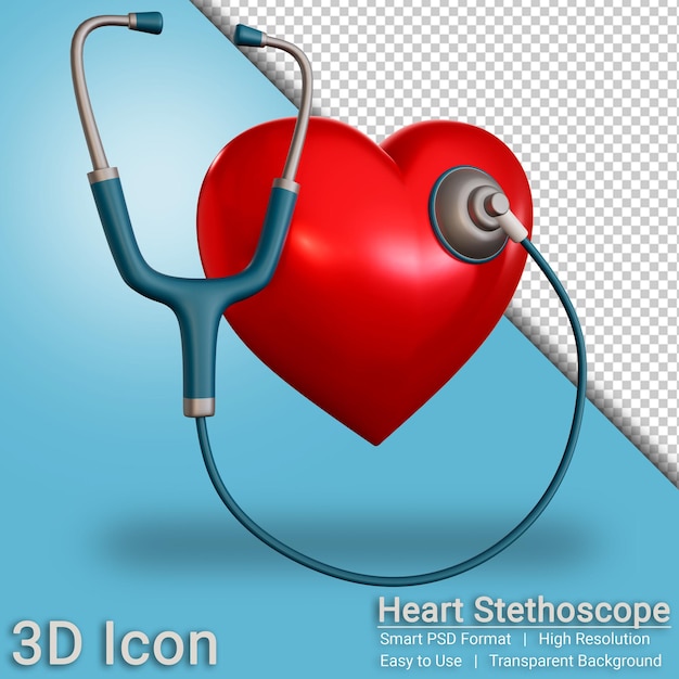 Estetoscopio de corazón médico de icono 3D con fondo transparente