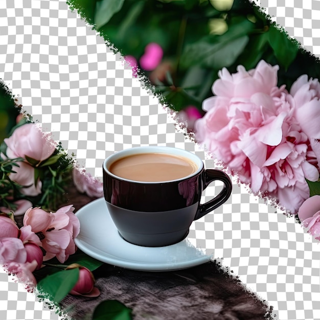 PSD l'esthétique du cottagecore affichée avec une tasse de café et des fleurs sur un fond transparent