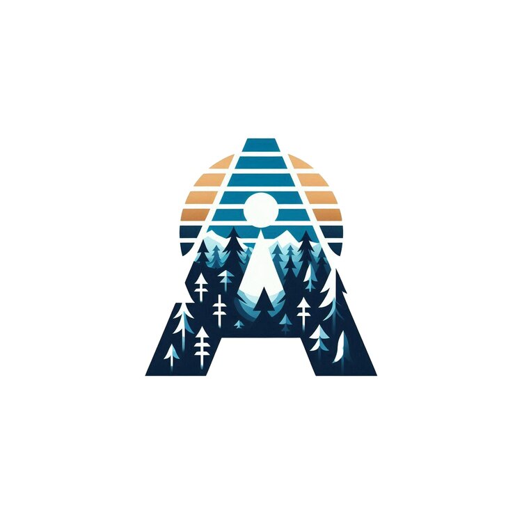 Estilizado Un logotipo de letra con montañas forestales y elementos solares