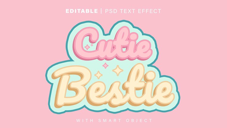PSD estilo 3d editável cutie bestie text e fundo rosa com texto rosa e azul cutie bestie