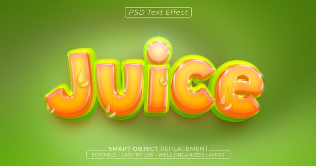 PSD estilo 3d editável de efeito de texto brilhante de suco