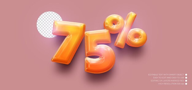 Estilo 3d setenta y cinco por ciento con efecto de texto estilo editable.