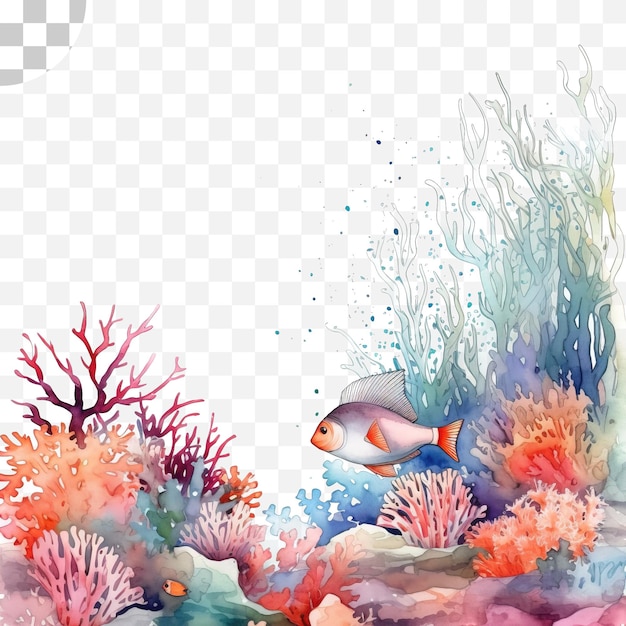 PSD estilo aquarela de recifes de corais e peixes