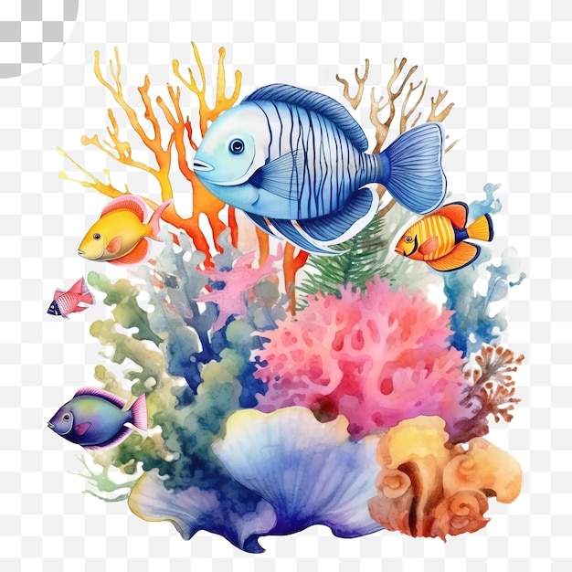 Estilo aquarela de recifes de corais e peixes