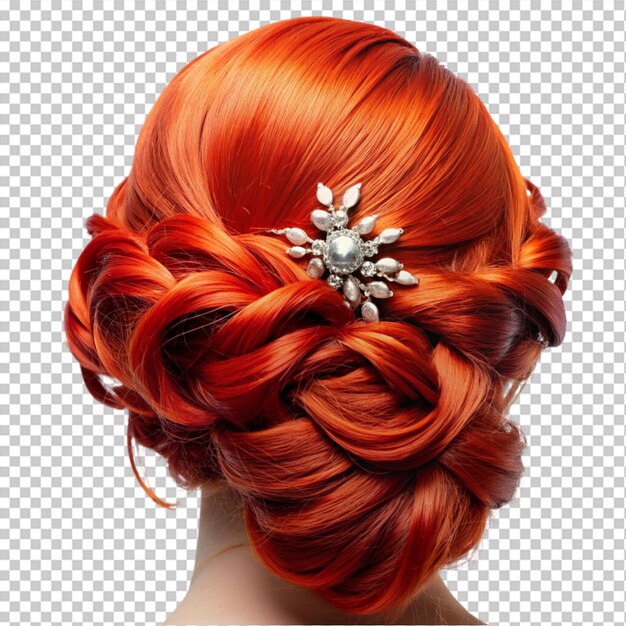 PSD estilo de cabello en cabellos rojos con accesorios para el cabello en un fondo transparente