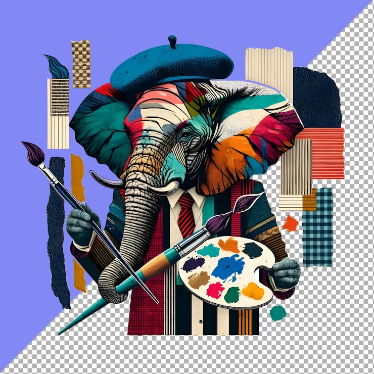 PSD estilo de colagem artista de elefante com pincel de berete e paleta isolados em fundo transparente