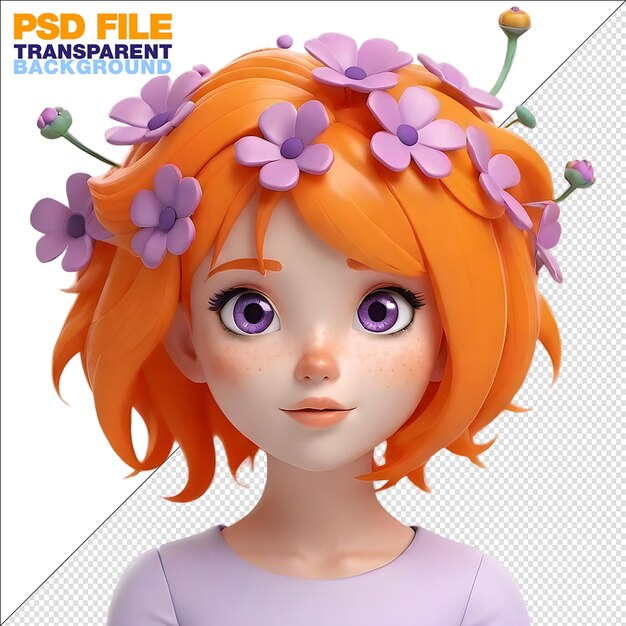 PSD estilo de desenho animado adorável uma pessoa com cabelo laranja brilhante e flores roxas expressão de olho largo