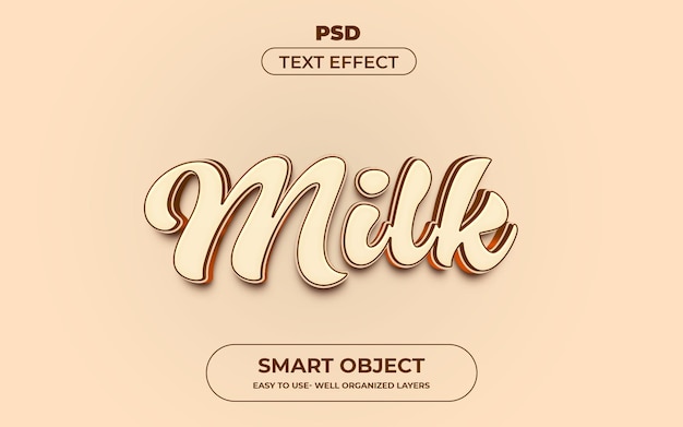 Estilo de efeito de texto editável 3d de leite Modelo de psd premium com plano de fundo