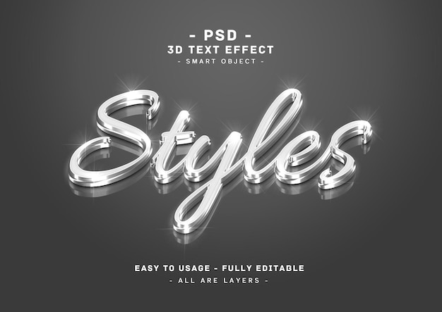 PSD estilo de espelho de efeito de texto prateado 3d