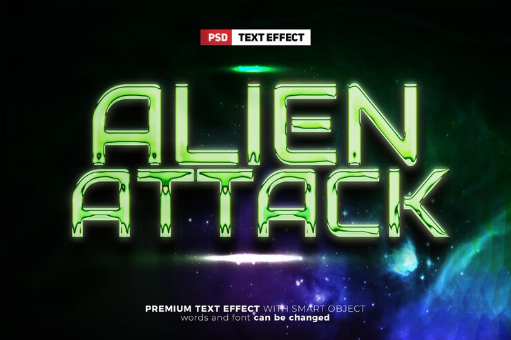 PSD estilo de efecto de texto editable 3d de lujo de cromo de galaxia de ataque alienígena maqueta