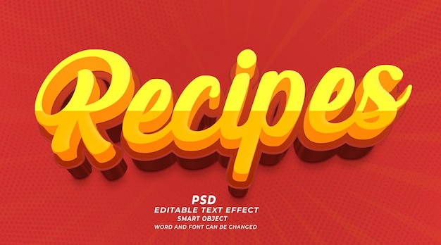 Estilo de efecto de texto de photoshop editable 3d de receta con fondo premium