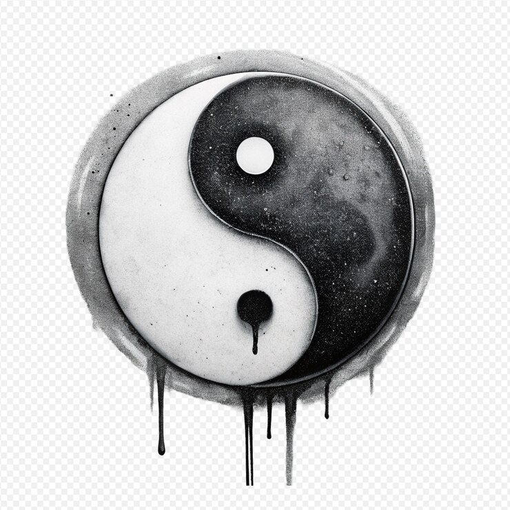 PSD estilo de graffiti símbolo yin yang pintura en aerosol negra y blanca pintura goteante diseño circular