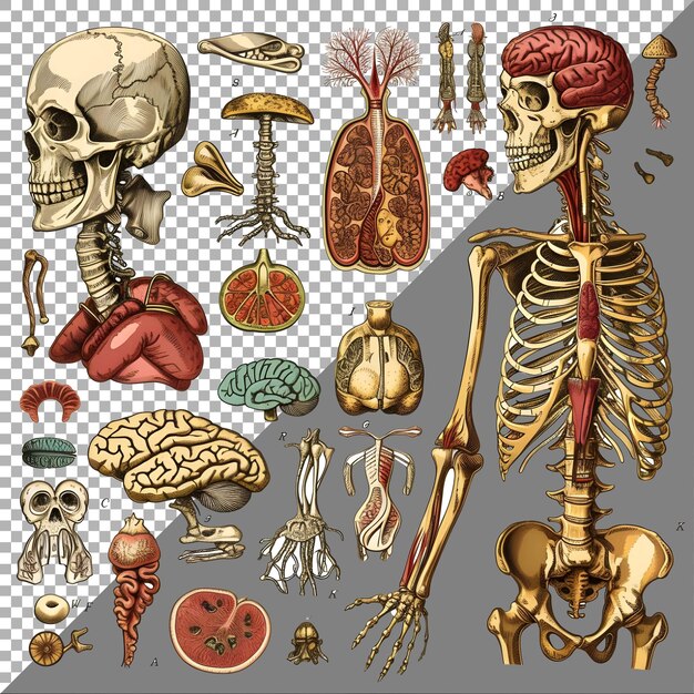 PSD estilo de pegatina de órganos de anatomía del esqueleto humano en fondo transparente generado por ai