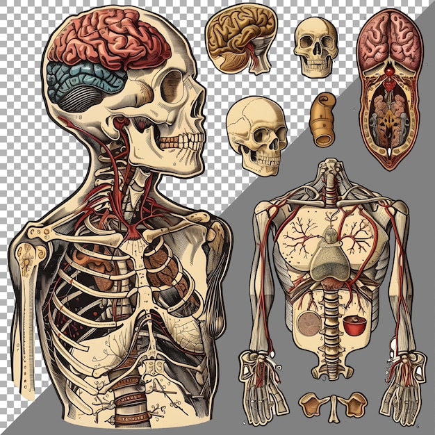 PSD estilo de pegatina de órganos de anatomía del esqueleto humano en fondo transparente generado por ai