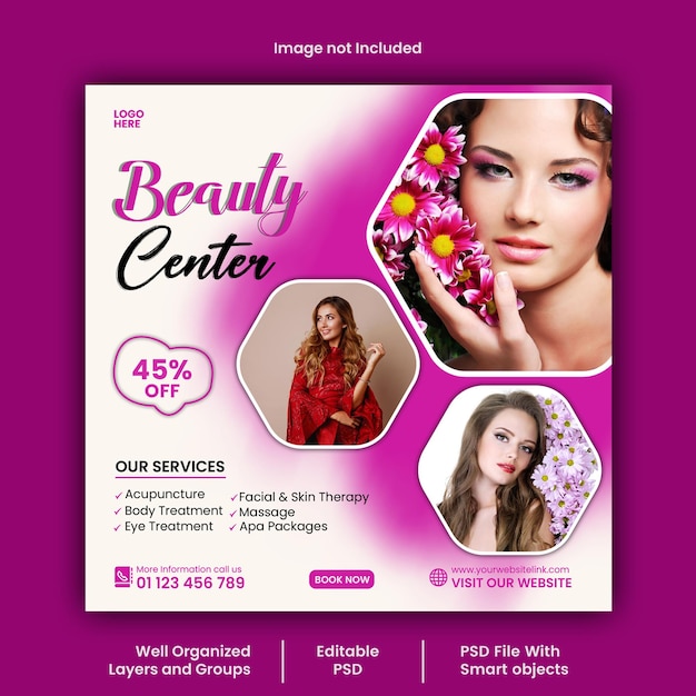 PSD estilo psd de post y banner de salón de belleza natural y cuidado de la piel en instagram