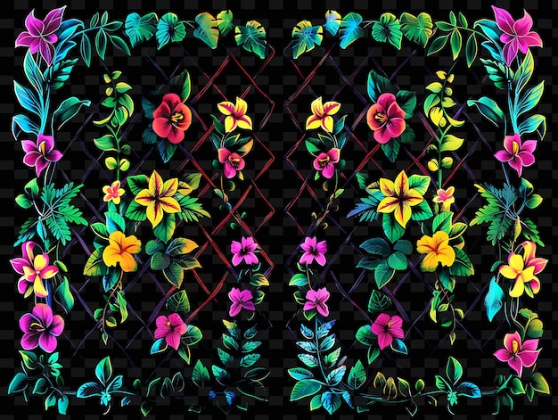 PSD estilo tropical trellises pixel art com flores exóticas usando texturas criativas desenhos de itens de neon y2k